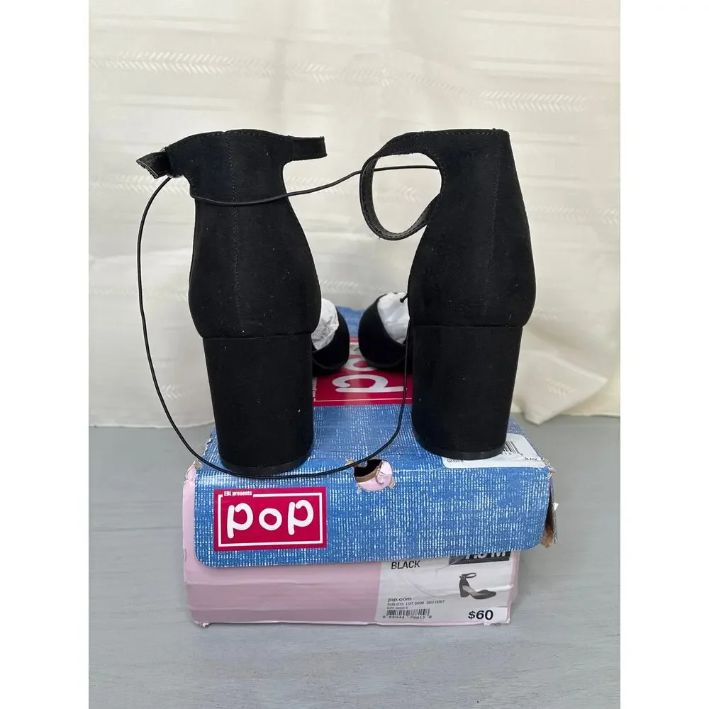 POP Gal Block Heel Pumps Black Womens Size 7.5M Ankle Strap